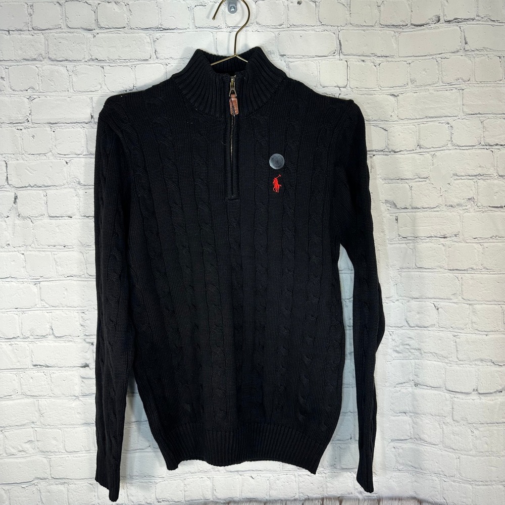 New Polo Ralph Lauren Mens Custom Slim Fit Cable Knit Quarter Zip Sweater Black